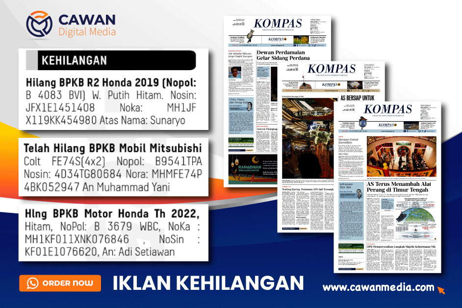 Contoh iklan baris kehilangan BPKB dan sertifikat di koran Kompas. Jasa pasang iklan kehilangan resmi PT Cawan Digital Media.