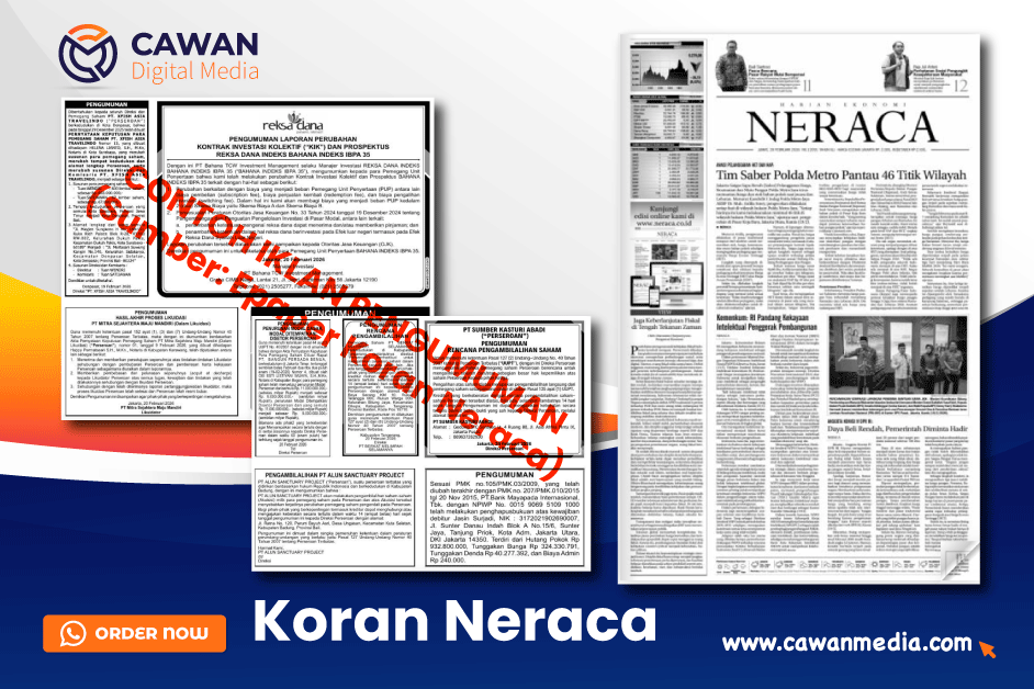You are currently viewing Biro Iklan Koran Resmi KORAN NERACA: Urus Publikasi Perusahaan Anda, RUPS, Pailit, Likuidasi, Akuisisi Saham