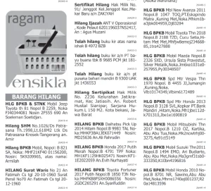 Read more about the article Pasang iklan baris kehilangan Bpkb, Stnk, Buku Kir dan Sertifikat tanah di koran kompas dan poskota