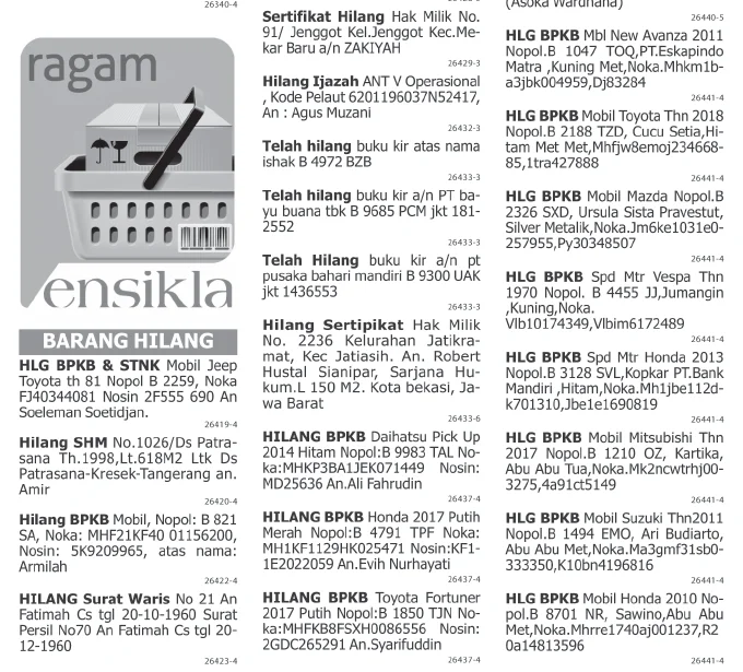 You are currently viewing Pasang iklan baris kehilangan Bpkb, Stnk, Buku Kir dan Sertifikat tanah di koran kompas dan poskota